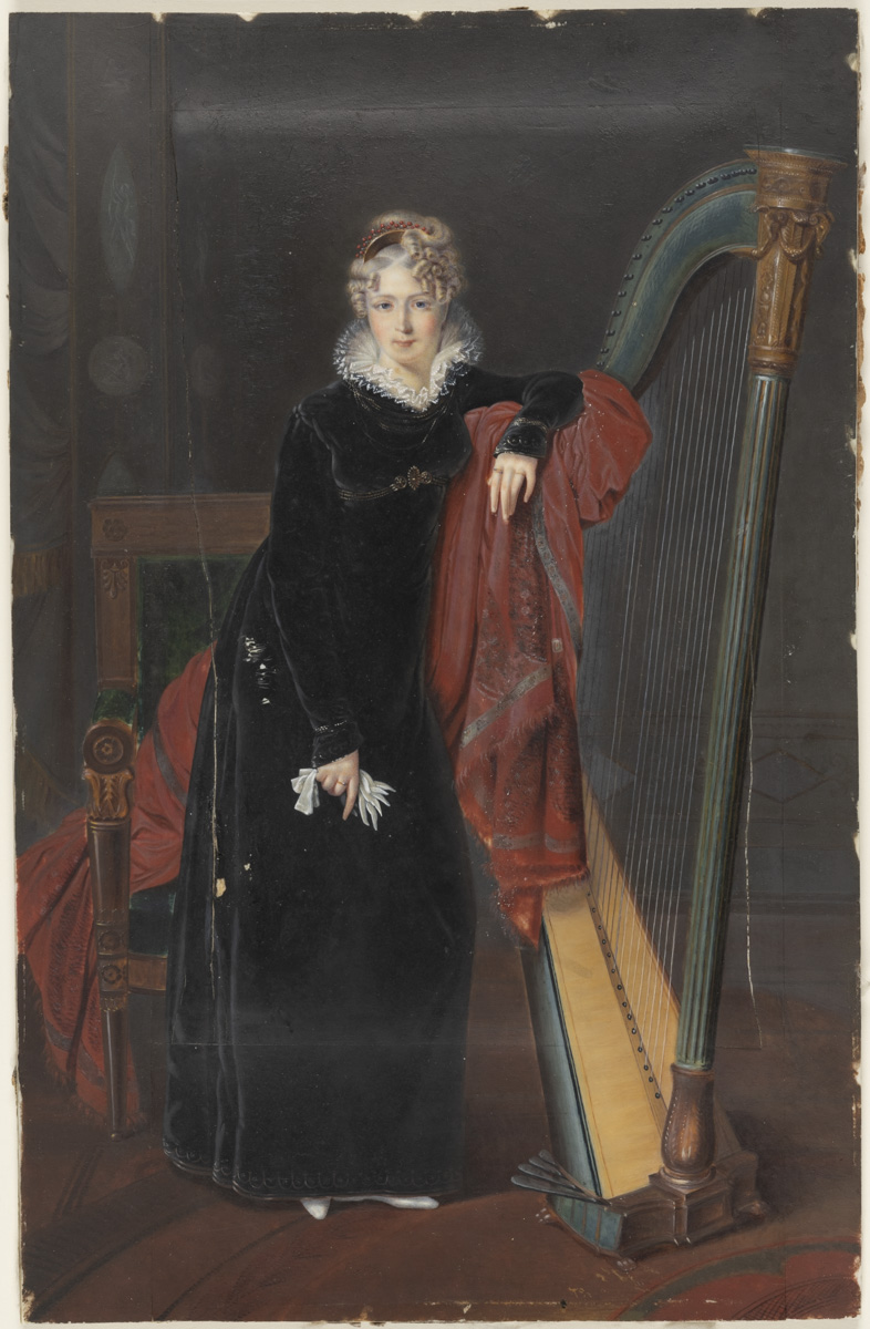 Portrait d'une jeune femme blonde, en robe de velours noir, accoudée à une harpe, dite de la baronne de Benoist_0